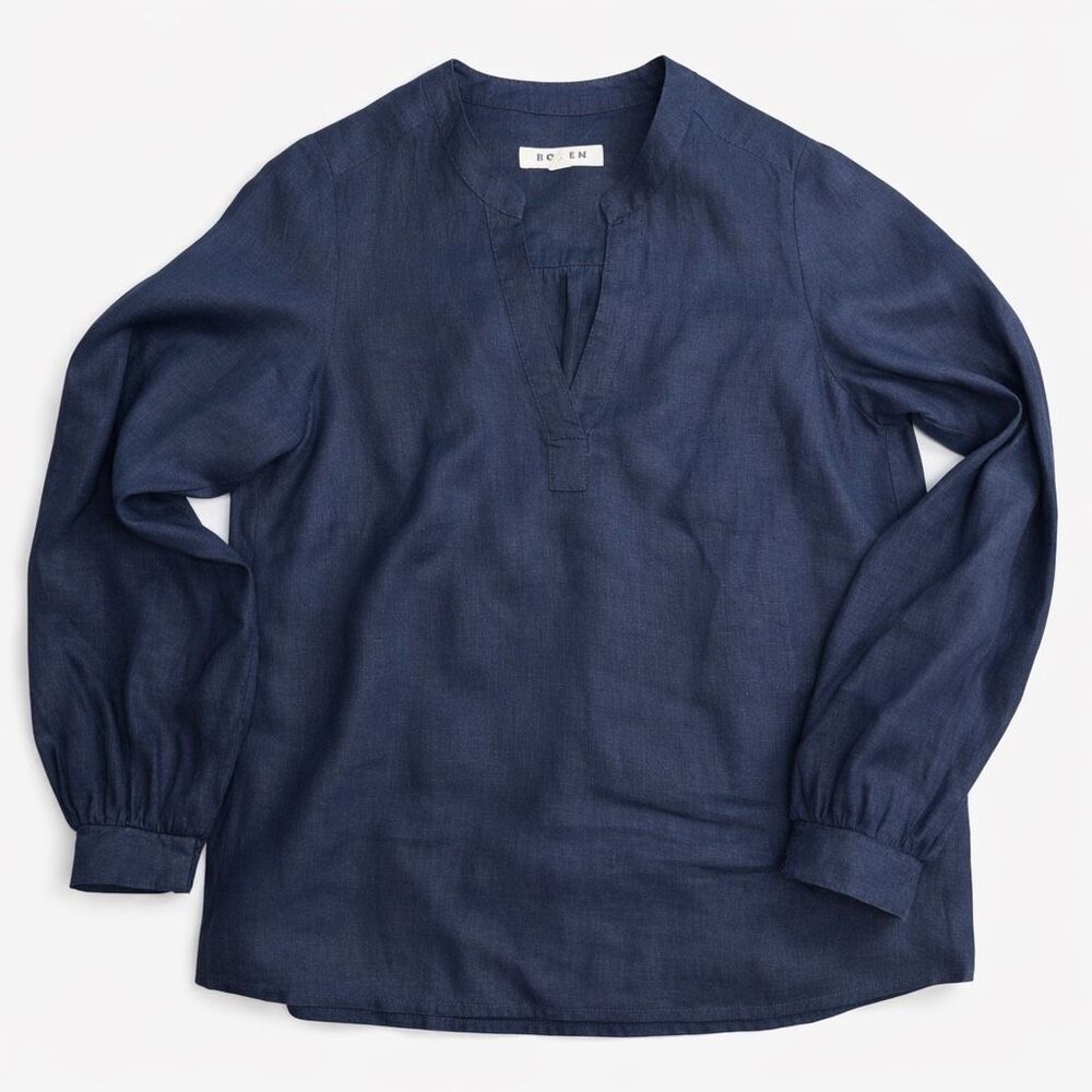 Boden Navy Blue Linen Blend Popover Blouse Long Sleeve Women’s US 2 UK 6